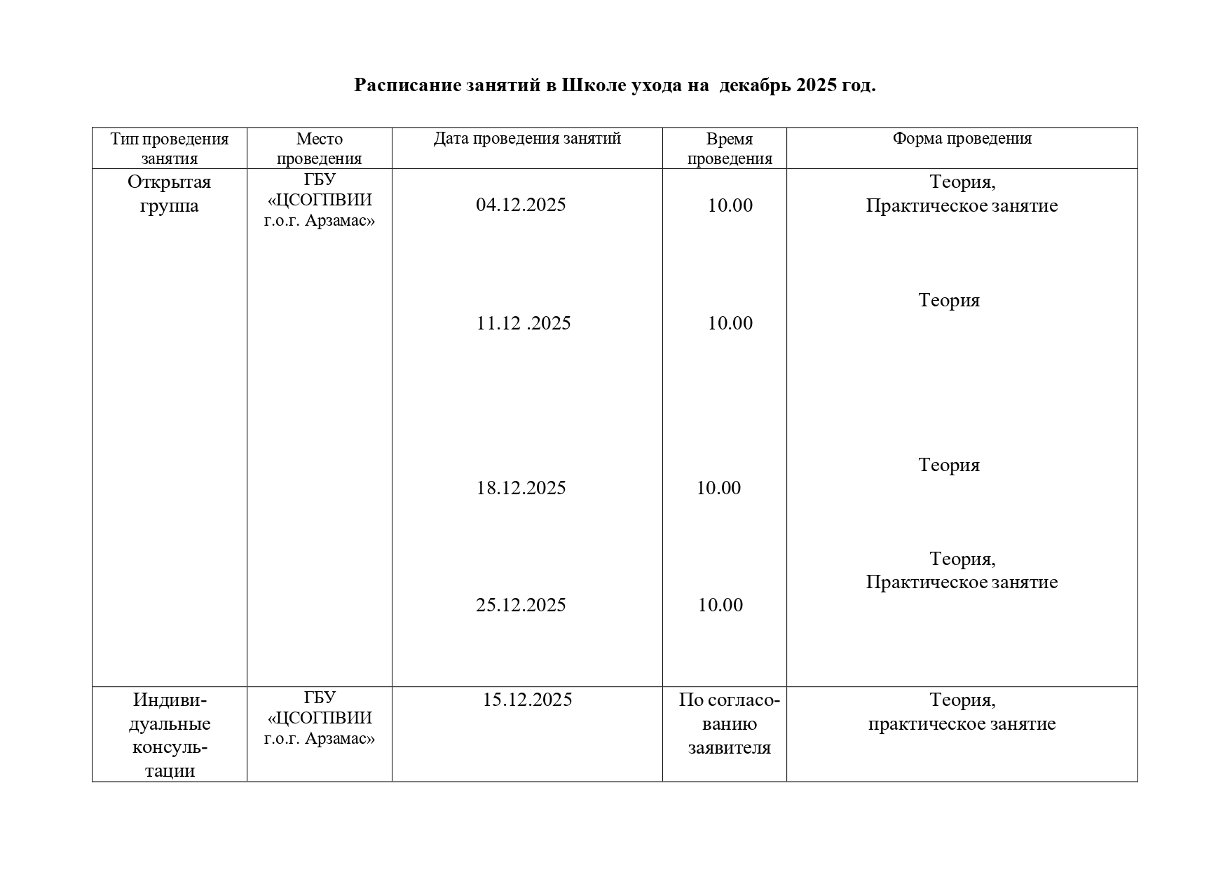 Расписание занятий в Школе ухода на декабрь 2025